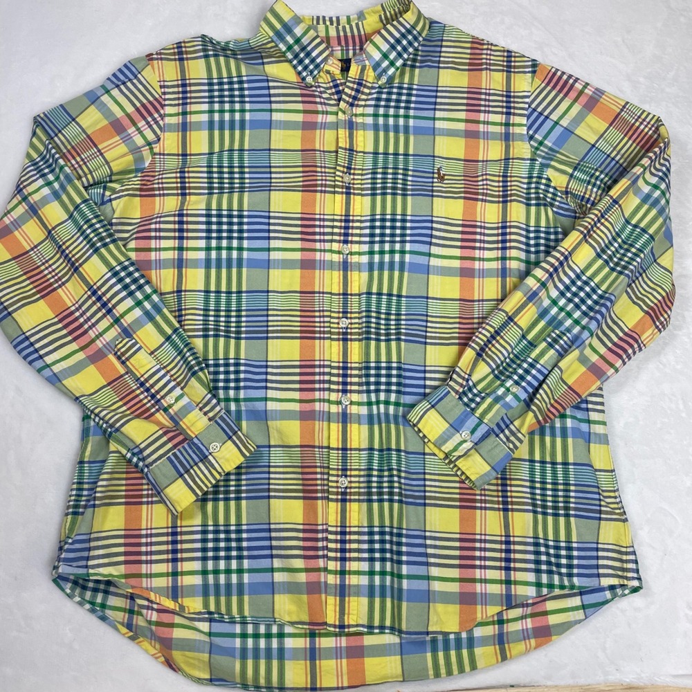 Ralph Lauren Button Down Cotton Mens XXL Yellow Multi Plaid Long Sleeve Shirt